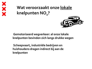 Wat veroorzaakt onze lokale
knelpunten NO2?
Gemotoriseerd wegverkeer: al onze lokale
knelpunten bevinden zich langs drukke wegen
Scheepvaart, industriële bedrijven en
huishoudens dragen indirect bij aan de
knelpunten
 