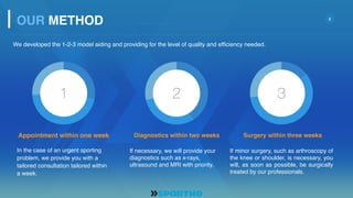 6
Diagnostics within two weeks
If necessary, we will provide your
diagnostics such as x-rays,
ultrasound and MRI with priority.
Surgery within three weeks
If minor surgery, such as arthroscopy of
the knee or shoulder, is necessary, you
will, as soon as possible, be surgically
treated by our professionals.
Appointment within one week
In the case of an urgent sporting
problem, we provide you with a
tailored consultation tailored within
a week.
We developed the 1-2-3 model aiding and providing for the level of quality and efficiency needed.
OUR METHOD
1 2 3
 