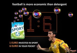 football is more economic than detergent
1 EURO INVESTED IN SPORT
6 EURO IN YOUR POCKET
 
