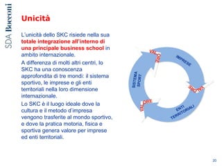 Unicità
L’unicità dello SKC risiede nella sua
totale integrazione all’interno di
una principale business school in
ambito internazionale.
A differenza di molti altri centri, lo
SKC ha una conoscenza
approfondita di tre mondi: il sistema
sportivo, le imprese e gli enti
territoriali nella loro dimensione
internazionale.
Lo SKC è il luogo ideale dove la
cultura e il metodo d’impresa
vengono trasferite al mondo sportivo,
e dove la pratica motoria, fisica e
sportiva genera valore per imprese
ed enti territoriali.
20
 