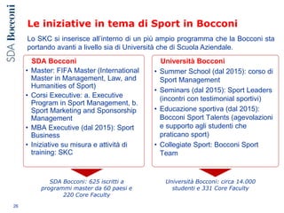 Le iniziative in tema di Sport in Bocconi
SDA Bocconi
• Master: FIFA Master (International
Master in Management, Law, and
Humanities of Sport)
• Corsi Executive: a. Executive
Program in Sport Management, b.
Sport Marketing and Sponsorship
Management
• MBA Executive (dal 2015): Sport
Business
• Iniziative su misura e attività di
training: SKC
Università Bocconi
• Summer School (dal 2015): corso di
Sport Management
• Seminars (dal 2015): Sport Leaders
(incontri con testimonial sportivi)
• Educazione sportiva (dal 2015):
Bocconi Sport Talents (agevolazioni
e supporto agli studenti che
praticano sport)
• Collegiate Sport: Bocconi Sport
Team
26
Università Bocconi: circa 14.000
studenti e 331 Core Faculty
SDA Bocconi: 625 iscritti a
programmi master da 60 paesi e
220 Core Faculty
Lo SKC si inserisce all’interno di un più ampio programma che la Bocconi sta
portando avanti a livello sia di Università che di Scuola Aziendale.
 