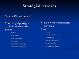 Stratégiai tervezés

General Electric modell

   Versenyképességet               Piaci vonzerőt minősítő
    minősítő tényezők                tényezők
A vállalat                       A piac
      - mérete                        - mérete
      - növekedése                    - növekedése
      - piacrészesedése               - telítettsége
      - nyeresége                     - versenyjellemzői
      - innovációs készsége           - árszínvonala
      - szervezeti jellemzői          - jövedelmezősége
 