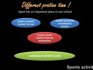 SPORTS COURSES
DURING THE DAY
Sport has an important place in our school.
SPORTS ACTIVITIES
IN BOARDING
SCHOOL
SCHOOL SPORT
COMPETITION ON
WEDNESDAY
COMENIUS SPORTS DAYS
 
