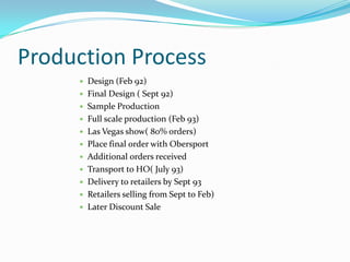 Production Process
        Design (Feb 92)
        Final Design ( Sept 92)
        Sample Production
        Full scale production (Feb 93)
        Las Vegas show( 80% orders)
        Place final order with Obersport
        Additional orders received
        Transport to HO( July 93)
        Delivery to retailers by Sept 93
        Retailers selling from Sept to Feb)
        Later Discount Sale
 