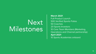 Next
Milestones
March 2021
Full Product Launch
500 Veriﬁed Sporto Folios
50 Coaches
20 Sports Investors
10 Core Team Members (Marketing,
Operations and Channel partnership)
April 2021
10 Sports Academies onboard
19
 
