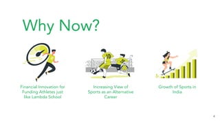 Why Now?
4
Financial Innovation for
Funding Athletes just
like Lambda School
Growth of Sports in
India
Increasing View of
Sports as an Alternative
Career
 
