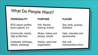 PERSONALITY
BTS: player profiles,
team support, fun
Community: charity,
high profile fans
Celebrate: birthdays,
babies, weddings
PURPOSE
Info: fixtures,
training, events
Share: videos and
photos, results
History: sport and
organisation
PLEASE
Say: polls, quizzes,
feedback
Help: volunteer and
sponsorship
Ask: sell
merchandise online
 