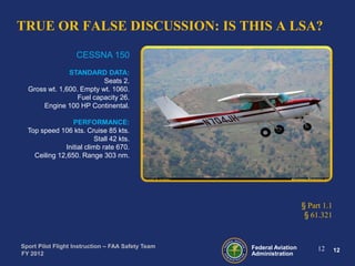 TRUE OR FALSE DISCUSSION: IS THIS A LSA?
CESSNA 150
STANDARD DATA:
Seats 2.
Gross wt. 1,600. Empty wt. 1060.
Fuel capacity 26.
Engine 100 HP Continental.
PERFORMANCE:
Top speed 106 kts. Cruise 85 kts.
Stall 42 kts.
Initial climb rate 670.
Ceiling 12,650. Range 303 nm.

§ Part 1.1
§ 61.321

Sport Pilot Flight Instruction – FAA Safety Team
FY 2012

Federal Aviation
Administration

12

12

 