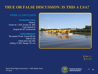 TRUE OR FALSE DISCUSSION: IS THIS A LSA?
PIPER J-3 ON FLOATS
STANDARD DATA:
Seats 2.
Gross wt. 1,220. Empty wt. 680.
Fuel capacity 9.
Engine 65 HP Continental.
PERFORMANCE:
Top speed 76 kts. Cruise 65 kts.
Stall 33 kts.
Initial climb rate 450.
Ceiling 11,500. Range 191 nm.

§ Part 1.1
§ 61.321

Sport Pilot Flight Instruction – FAA Safety Team
FY 2012

Federal Aviation
Administration

13

13

 
