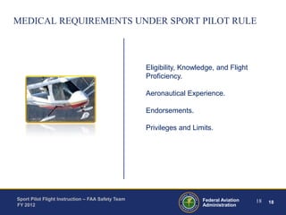 MEDICAL REQUIREMENTS UNDER SPORT PILOT RULE

Eligibility, Knowledge, and Flight
Proficiency.
Aeronautical Experience.
Endorsements.
Privileges and Limits.

Sport Pilot Flight Instruction – FAA Safety Team
FY 2012

Federal Aviation
Administration

18

18

 
