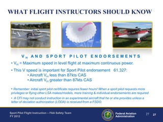 WHAT FLIGHT INSTRUCTORS SHOULD KNOW

V

H

AND SPORT PILOT ENDORSEMENTS

• VH = Maximum speed in level flight at maximum continuous power.

• This V speed is important for Sport Pilot endorsement 61.327:
• Aircraft VH less than 87kts CAS
• Aircraft VH greater than 87kts CAS
• Remember: initial sport pilot certificate requires fewer hours! When a sport pilot requests more
privileges or flying other LSA makes/models, more training & individual endorsements are required

• A CFI may not conduct instruction in an experimental aircraft that he or she provides unless a
letter of deviation authorization (LODA) is received from a FSDO.
Sport Pilot Flight Instruction – FAA Safety Team
FY 2012

Federal Aviation
Administration

27

27

 