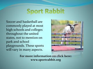 Soccer and basketball are
commonly played at most
high schools and colleges
throughout the united
states, not to mention on
park and school
playgrounds. These sports
will vary in many aspects.
For more information on click here:
www.sportrabbit.org
 