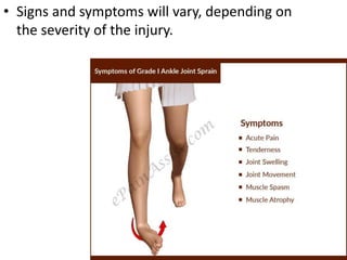 • Signs and symptoms will vary, depending on
the severity of the injury.
 