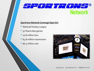 Sportrons Network Coverage Sept-Oct

• National Hockey League
• 30 Teams 600 games
• 10.8 million fans
• 64.8 million impressions
• $6.5 million cost

(415) 692-1514

www.Sportrons.com

info@Sportrons.com

 