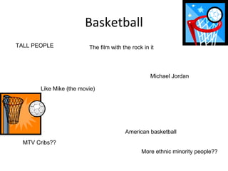 Basketball TALL PEOPLE Michael Jordan Like Mike (the movie) American basketball MTV Cribs?? The film with the rock in it More ethnic minority people?? 