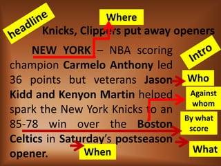 Where
      Knicks, Clippers put away openers
     NEW YORK – NBA scoring
champion Carmelo Anthony led
36 points but veterans Jason       Who
Kidd and Kenyon Martin helped       Against
                                    whom
spark the New York Knicks to an
                                   By what
85-78 win over the Boston           score
Celtics in Saturday’s postseason
opener.        When                 What
 