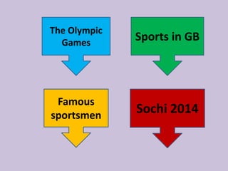 The Olympic
Games
Famous
sportsmen
Sports in GB
Sochi 2014
 