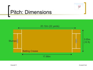 Pitch: Dimensions Stumps 20.12m (22 yards) 17.68m 3.05m (10 ft) Batting Crease 