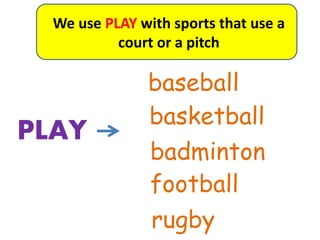 We use PLAY with sports that use a
court or a pitch
PLAY
baseball
basketball
badminton
football
rugby
 