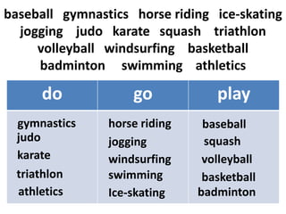 do go play
baseball gymnastics horse riding ice-skating
jogging judo karate squash triathlon
volleyball windsurfing basketball
badminton swimming athletics
gymnastics
judo
karate
triathlon
horse riding
jogging
windsurfing
swimming
baseball
squash
volleyball
basketball
badmintonathletics Ice-skating
 