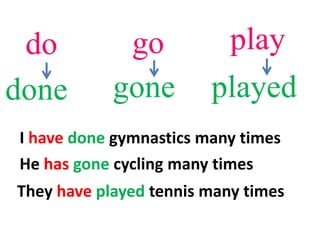 do playgo
done playedgone
I have done gymnastics many times
He has gone cycling many times
They have played tennis many times
 
