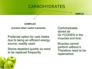   CARBOHYDRATES COMPLEX (contain other useful nutrients) Preferred option for carb intake due to being an efficient energy source, readily used. Stores depleted quickly so need to be replaced frequently SIMPLE Carbohydrates stored as GLYCOGEN in the muscles and liver. Muscles cannot perform without it. Therefore need to be replenished 