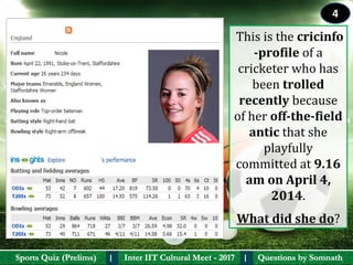Questions by SomnathQuestions by SomnathSports Quiz (Prelims)Sports Quiz (Prelims) Inter IIT Cultural Meet - 2017Inter IIT Cultural Meet - 2017I I
 This is the cricinfo
-profile of a 
cricketer who has 
been trolled 
recently because 
of her off-the-field 
antic that she 
playfully 
committed at 9.16 
am on April 4, 
2014.
What did she do?
4
 