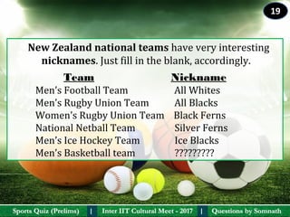 Questions by SomnathQuestions by SomnathSports Quiz (Prelims)Sports Quiz (Prelims) Inter IIT Cultural Meet - 2017Inter IIT Cultural Meet - 2017I I
   New Zealand national teams have very interesting 
nicknames. Just fill in the blank, accordingly.
TeamTeam                                NicknameNickname
           Men’s Football Team                    All Whites
           Men’s Rugby Union Team           All Blacks
           Women’s Rugby Union Team    Black Ferns
           National Netball Team                 Silver Ferns
           Men’s Ice Hockey Team               Ice Blacks
           Men’s Basketball team                 ?????????
19
 