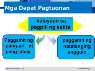 L o g o
Mga Dapat Pagtuonan
Paggamit ng
pang-uri at
pang- abay
kalayaan sa
pagpili ng salita
 Company Logo
paggamit ng
natatanging
anggulo
 