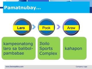 L o g o
Iloilo
Sports
Complex
kampeonatong
laro sa balibol-
pambabae
kahapon
Pamatnubay…
Laro
 Company Logo
Pook Araw
 