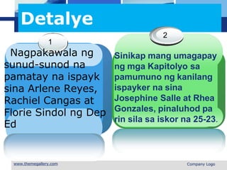 L o g o
Detalye
1
Nagpakawala ng
sunud-sunod na
pamatay na ispayk
sina Arlene Reyes,
Rachiel Cangas at
Florie Sindol ng Dep
Ed
2
Sinikap mang umagapay
ng mga Kapitolyo sa
pamumuno ng kanilang
ispayker na sina
Josephine Salle at Rhea
Gonzales, pinaluhod pa
rin sila sa iskor na 25-23.
 Company Logo
 