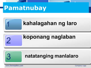 L o g o
Pamatnubay
1 kahalagahan ng laro
koponang naglaban
2
3 natatanging manlalaro
 Company Logo
 