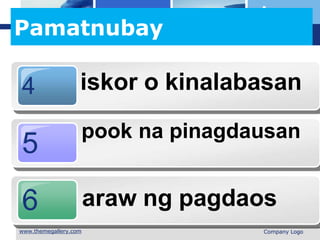 L o g o
Pamatnubay
4 iskor o kinalabasan
pook na pinagdausan
5
6 araw ng pagdaos
 Company Logo
 