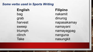 English Filipino
bag nakamit
grab dinurog
harvest napasakamay
sweep namayani
triumph namayagpag
clinch nanguna
Take nasungkit
Some verbs used in Sports Writing
 