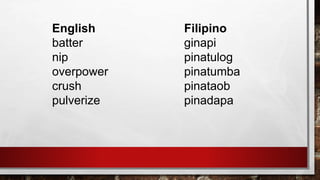 English Filipino
batter ginapi
nip pinatulog
overpower pinatumba
crush pinataob
pulverize pinadapa
 