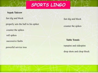 SPORTS LINGO
fast dig and block
properly sets the ball to his spiker
counter the spikes
roll spikes
successive faults
fast dig and block
counter the spikes
topspins and sidespins
drop shots and chop block
powerful service toss
Sepak Takraw
Table Tennis
 