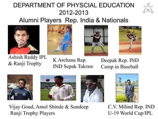 DEPARTMENT OF PHYSCIAL EDUCATION
2012-2013
Alumni Players Rep. India & Nationals
Ashish Reddy IPL
& Ranji Trophy
K Archana...