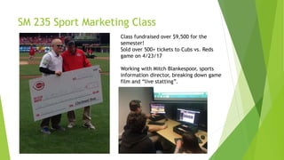 SM 235 Sport Marketing Class
Class fundraised over $9,500 for the
semester!
Sold over 500+ tickets to Cubs vs. Reds
game on 4/23/17
Working with Mitch Blankespoor, sports
information director, breaking down game
film and “live statting”.
 