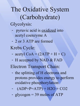 The Oxidative System
(Carbohydrate)
Glycolysis:
- pyruvic acid is oxidized into
acetyl coenzyme A
- 2 or 3 ATP are formed
Krebs Cycle:
- acetyl CoA = (2ATP + H + C)
- H accepted by NAD & FAD
Electron Transport Chain:
- the splitting of H electrons and
protons provides energy to perform
oxidative phosphorylation
- (ADP+P=ATP) + H2O + CO2
- glycogen = 39 moles of ATP
 