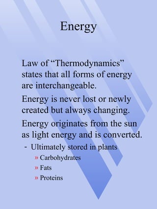 Energy
Law of “Thermodynamics”
states that all forms of energy
are interchangeable.
Energy is never lost or newly
created but always changing.
Energy originates from the sun
as light energy and is converted.
- Ultimately stored in plants
» Carbohydrates
» Fats
» Proteins
 