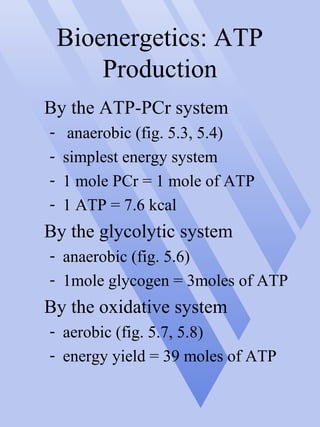 Bioenergetics: ATP
Production
By the ATP-PCr system
- anaerobic (fig. 5.3, 5.4)
- simplest energy system
- 1 mole PCr = 1 mole of ATP
- 1 ATP = 7.6 kcal
By the glycolytic system
- anaerobic (fig. 5.6)
- 1mole glycogen = 3moles of ATP
By the oxidative system
- aerobic (fig. 5.7, 5.8)
- energy yield = 39 moles of ATP
 