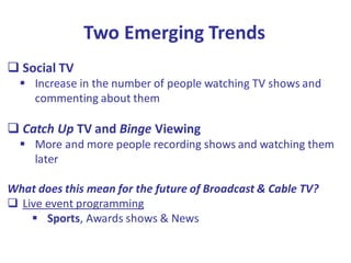 Nielsen Cross-PlatformReport ,Q42012
Two Emerging Trends
Social TV
Increase in the number of people watching TV shows and
commenting about them
Catch Up TV and Binge Viewing
More and more people recording shows and watching them
later
What does this mean for the future of Broadcast & Cable TV?
Live event programming
Sports, Awards shows & News