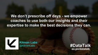Kitman Labs
@KitmanLabs
ex.pn/datatalk
#DataTalk
Make highly informed decisions about the
smartest ways to train and condition, and to
keep their players healthy and on the field.
Kitman Labs
@KitmanLabs
ex.pn/datatalk
#DataTalk
We don’t prescribe off days - we empower
coaches to use both our insights and their
expertise to make the best decisions they can.
 