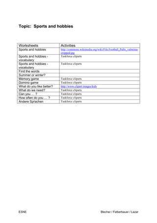 ESNE Blecher / Felberbauer / Lazar
Topic: Sports and hobbies
Worksheets Activities
Sports and hobbies http://commons.wikimedia.org/wiki/File:Football_Pallo_valmiina-
cropped.jpg
Sports and hobbies -
vocabulary
Taskforce cliparts
Sports and hobbies -
vocabulary
Taskforce cliparts
Find the words
Summer or winter?
Memory game Taskforce cliparts
Domino game Taskforce cliparts
What do you like better? http://www.clipart images/kids
What do we need? Taskforce cliparts
Can you … ? Taskforce cliparts
How often do you … ? Taskforce cliparts
Andere Sprachen Taskforce cliparts
 