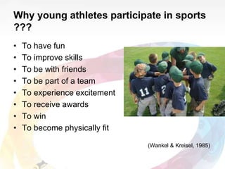 Why young athletes participate in sports
???
• To have fun
• To improve skills
• To be with friends
• To be part of a team...