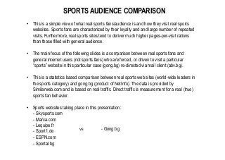 •  This is a simple view of what real sports fans/audience is and how they visit real sports
websites. Sports fans are characterized by their loyalty and and large number of repeated
visits. Furthermore, real sports sites tend to deliver much higher pages-per-visit rations
than those filled with general audience.
•  The main focus of the following slides is a comparison between real sports fans and
general internet users (not sports fans) who are forced, or driven to visit a particular
“sports” website in this particular case (gong.bg) re-directed via mail client (abv.bg).
•  This is a statistics based comparison between real sports web sites (world-wide leaders in
the sports category) and gong.bg (product of NetInfo). The data is provided by
Similarweb.com and is based on real traffic. Direct traffic is measurement for a real (true)
sports fan behavior.
•  Sports websites taking place in this presentation:
- Skysports.com
- Marca.com
- Lequipe.fr
- Sport1.de
- ESPN.com
- Sportal.bg
SPORTS AUDIENCE COMPARISON	
  
- Gong.bgvs	
  
 