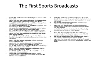 The First Sports Broadcasts
•
•
•
•
•
•
•
•

•
•
•
•
•

Sept. 6, 1920 - First Radio Broadcast of a Prizefight -Jack Dempsey vs. Billy
Miske - WWJ
Nov. 25, 1920 - First Radio Play-by-Play Broadcast of a Collegiate Football
Game - Texas University vs. Mechanical College of Texas - WTAW
Aug. 5, 1921 - First Radio Broadcast of a Baseball Game-Pittsburgh Pirates
vs. Philadelphia Phillies Harold Arlin on KDKA
Aug. 6, 1921 - First Radio Broadcast of a Tennis Match - Australia vs. Great
Britian, Davis Cup - Harold Arlin on KDKA
Oct. 5, 1921 - First Radio Broadcast of a World Series- New York Yankees
vs. New York Giants Sandy Hunt and Tommy Cowan on WJZ
Oct. 7, 1922 - First Radio Chain Broadcast- WJZ and WGY transmitted a
World Series game from the field Grantland Rice and Graham McNamee
Nov. 24, 1923 - First Radio Broadcast of the Annual Army -Navy football
game - Graham McNamee
Jan. 1, 1927 - First Coast-to-Coast Radio Program - Univ. of Alabama vs.
Stanford - originating from Pasadena, Calif., broadcast from the Rose Bowl NBC network

May 17, 1939 - First Televised Sports Event - Columbia vs. Princeton
baseball - Bill Stern on NBC
Aug. 26, 1939 - First Television Broadcast of a Pro Baseball Game Cincinnati Reds vs. Brooklyn Dodgers Red Barber on W2XBS
Oct. 22, 1939 - First Television Broadcast of a Pro Football Game-Brooklyn
Dodgers vs. Philadelphia Eagles - W2XBS
Feb. 25, 1940 - First Television Broadcast of a Hockey Game-New York
Rangers vs. Montreal Canadiens -W2XBS
Feb.28, 1940 - First Televsion Broadcast of a Basketball Game -Fordham
Univ. vs. Univ. of Pittsburgh W2XBS
Sept. 30, 1947 - First Televised World Series-New York Yankees
vs.Brooklyn Dodgers - aired on three stations: WABD, WCBS, WNBT -Bob
Edge, Bob Stanton and Bill Slater

•

•
•
•
•

•
•

Oct. 3, 1951 - First Coast-to-Coast Television Broadcast of a Baseball
Game-NY Giants vs.Brooklyn Dodgers, Game 3 of NL playoffs. Giants win on
Bobby Thomson’s homerun known as the “Shot Heard ’Round the World.”Ernie Harwell
Aug. 26, 1955 - First Color Television broadcast - Davis Cup match
between Australia and the U.S. - NBC
July 23, 1962 - First Satellite Telecast via Telstar Communications included portion of Chicago Cubs vs. Philadelphia Phillies from Wrigley
Field - Jack Brickhouse
Jan.15, 1967 - First Television Broadcast of a Football ChampionshipGreen Bay Packers vs. Kansas City Chiefs - Jack Buck
Nov. 8, 1972 - First Sports Telecast by HBO - New York Rangers vs.
Vancouver Canucks from Madison Square Garden reaches HBO’s 365
subscribers in Wilkes Barre, Pa. - Marty Glickman
Aug. 16, 1976 - First Pro Football Game Outside the United States- St.
Louis Cardinals vs. San Diego Chargers in Japan- Jack Buck
Aug. 3, 1993 - First Woman to do Television Play-by-Play of a Baseball
Game -Colorado Rockies vs. Cincinnati Reds -Gayle Gardner on KNGN-TV in
Denver

 