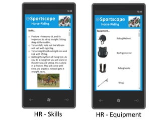Sportscope                                  Sportscope
   Horse-Riding                               Horse-Riding
Skills…                                    Equipment…

o Posture – how you sit, and its
  important to sit up straight. Sitting                 Riding Helmet
  deep in the saddle .
o To turn left, hold out the left rein
  and kick with right leg.
o To turn right hold out right rein and
  kick with lrft leg.                                   Body protector
o Getting the rythem of rising trot. As
  you do a rising trot you will stand in
  the stirrups and sitting, this is done
  in a rhythm. This will come with
  time and practice, nobody gets it                      Riding boots
  straight away.



                                                         Whip




     HR - Skills                           HR - Equipment
 