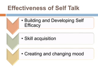 Effectiveness of Self Talk
• Building and Developing Self
Efficacy
• Skill acquisition
• Creating and changing mood
 