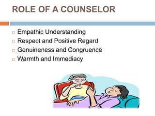 ROLE OF A COUNSELOR
 Empathic Understanding
 Respect and Positive Regard
 Genuineness and Congruence
 Warmth and Immediacy
 